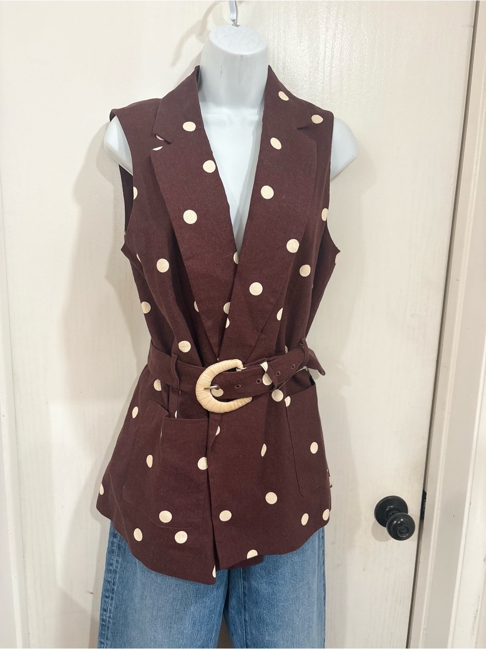 Sleeveless quiet Luxury Brown Polka Dot long Belted Vest